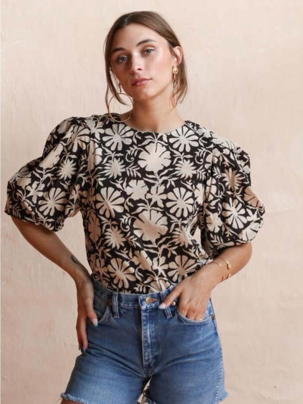 Mille Resort  & Travel Floral Lila Top Puff-Sleeve Blouse Brown White Cotton S